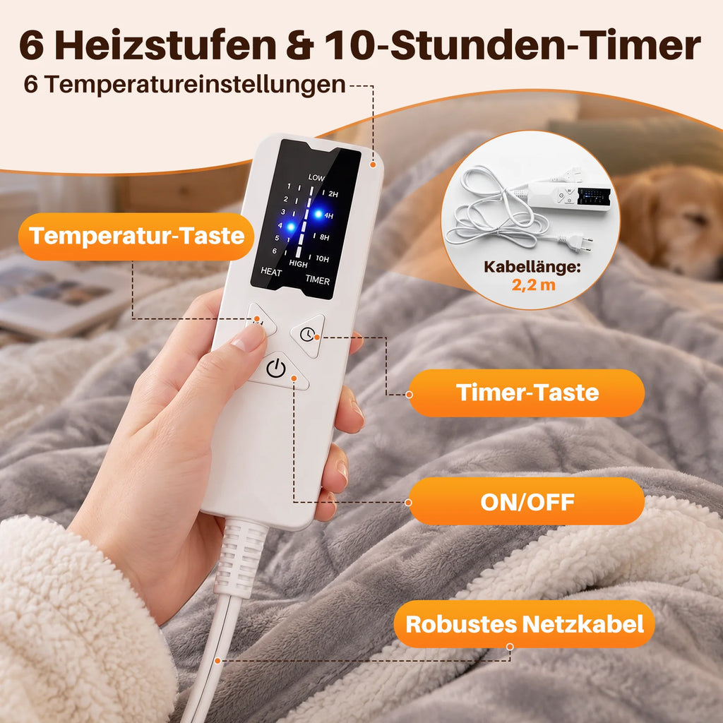 Electric Heated Underblanket 180 X 130 cm |   Soft Flannel & Sherpa |   6 Heating Levels + 10-Hour Timer |   Machine Washable |   With Overheating Protection