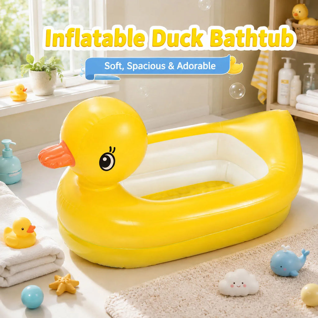1PC Duck Inflatable Baby Bathtub,Foldable Non-Slip Shower Basin Mini Air Swimming Pool, Classic Yellow Ducky
