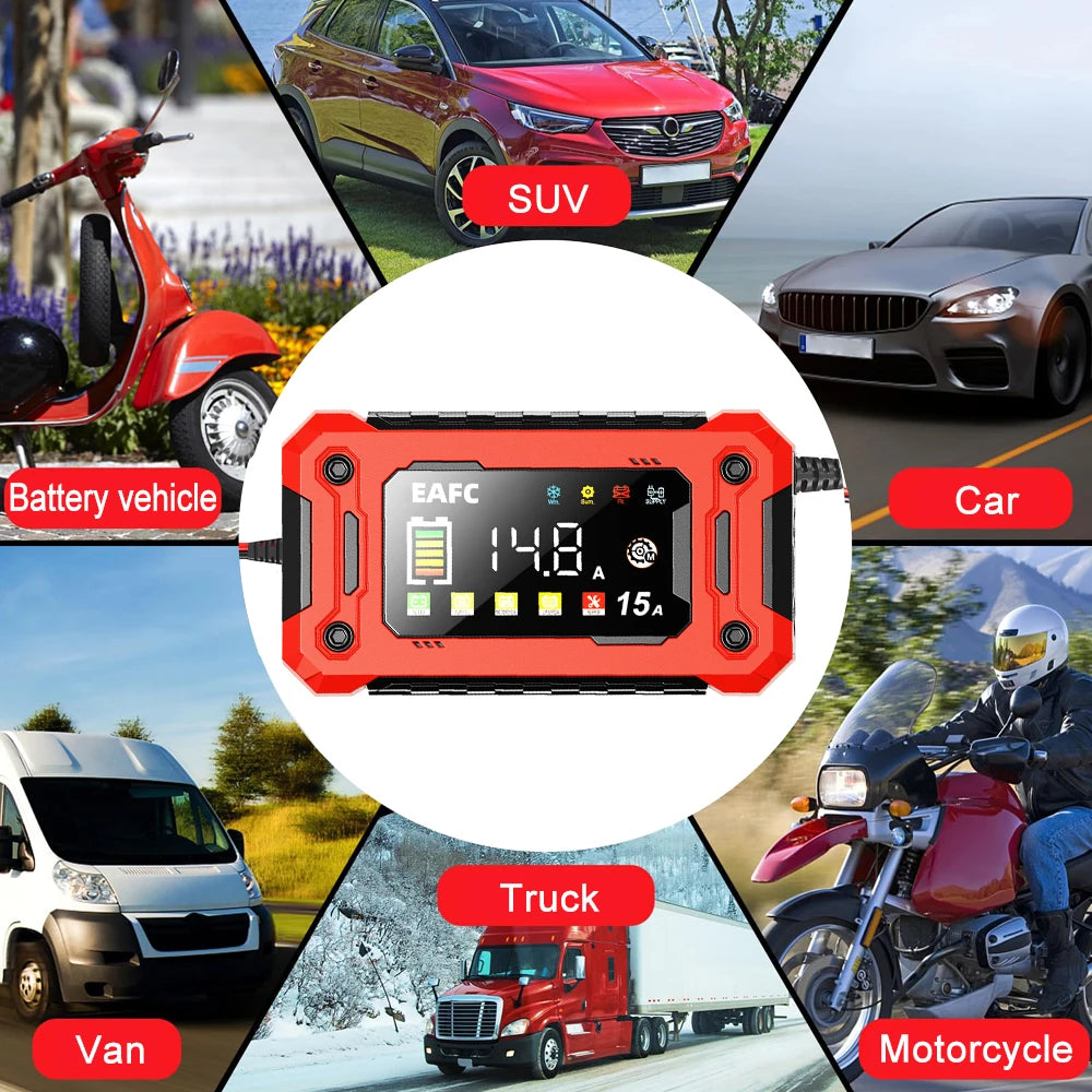 EAFC 12V 15A 8A Car Battery Charger Large Screen Pluse Repair Charger for Auto Moto SUV Lithium AGM Lead acid GEL LCD Display