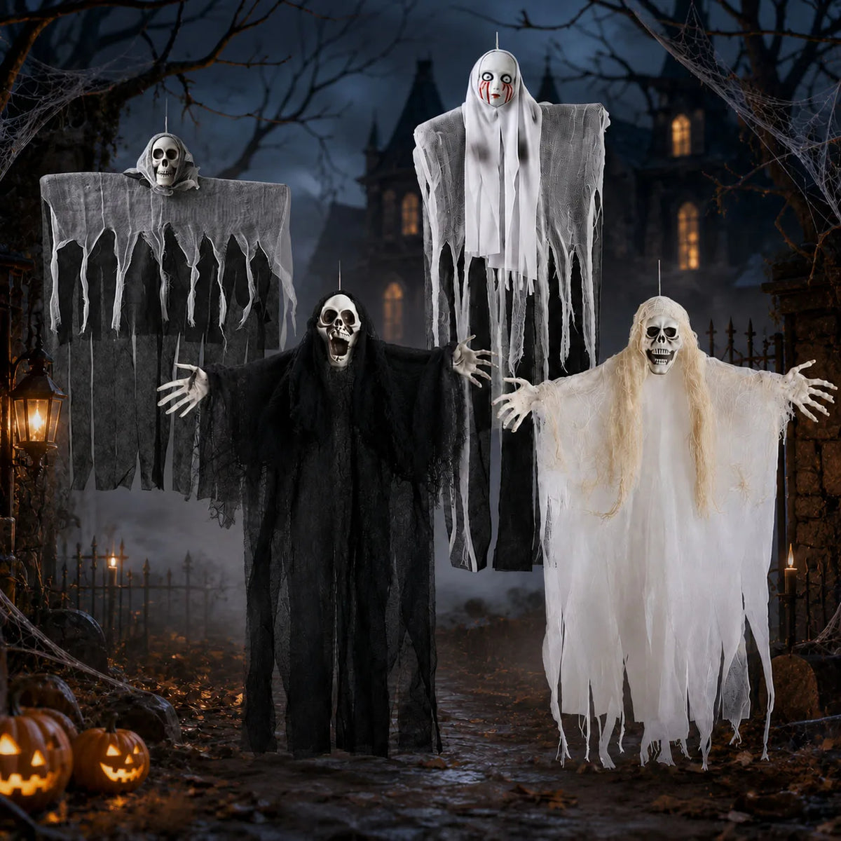 Halloween Hanging Skeleton Ghost Decor Black White Gauze Skull Ghost Ornaments Haunted House Yard Door Window Horror Party Props