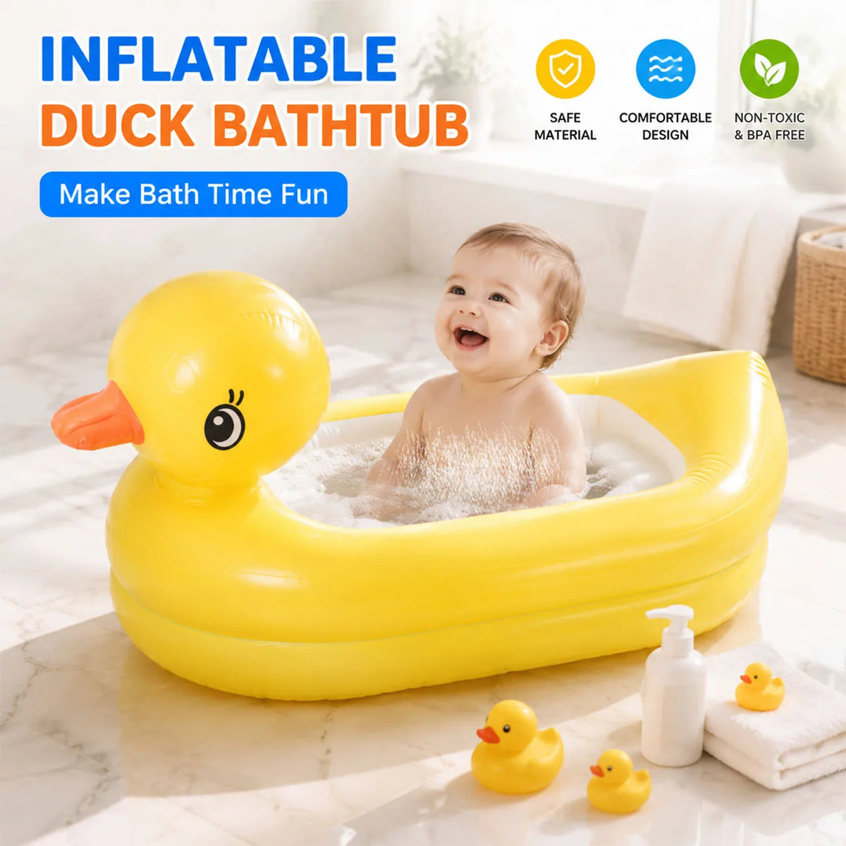1PC Duck Inflatable Baby Bathtub,Foldable Non-Slip Shower Basin Mini Air Swimming Pool, Classic Yellow Ducky