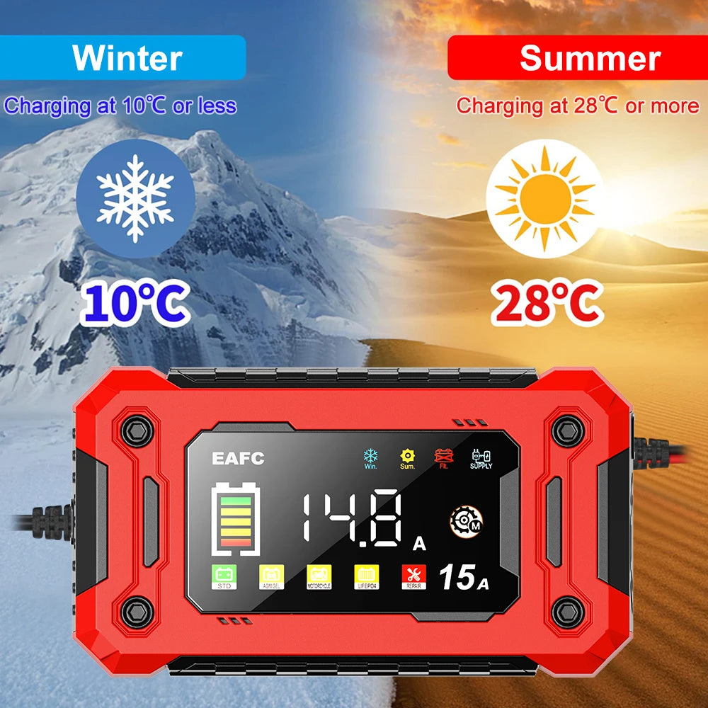 EAFC 12V 15A 8A Car Battery Charger Large Screen Pluse Repair Charger for Auto Moto SUV Lithium AGM Lead acid GEL LCD Display
