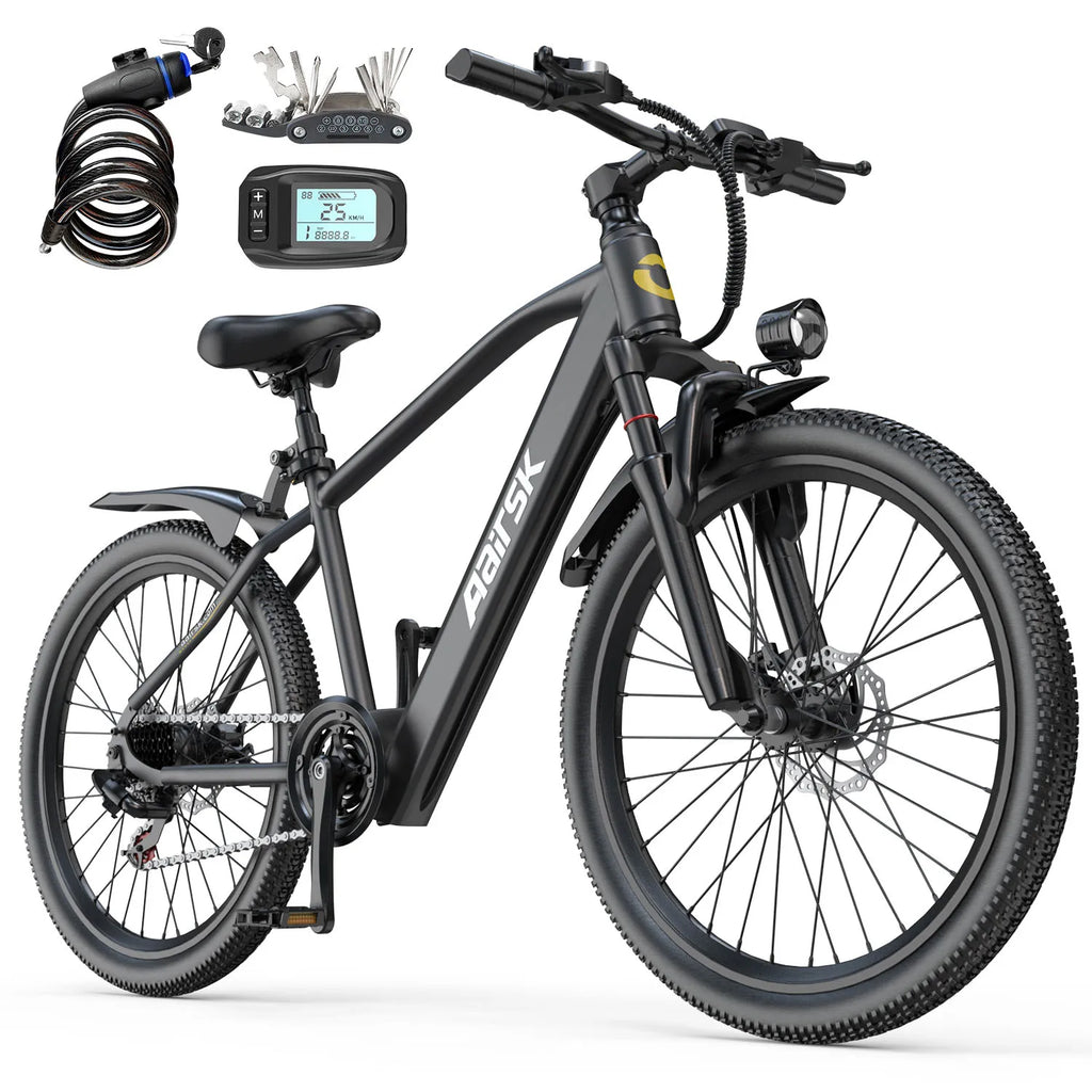 26" Electric Mountain Bike for Adults, 250W Brushless Motor, 36V 10Ah 468Wh Battery, Up to 40 Miles Range, 25km/h 7-Speed E-Bike, Front Suspension NFC Unlock
