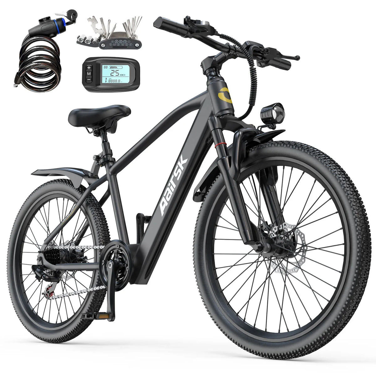 26' Electric Mountain Bike for Adults, 250W Brushless Motor, 36V 10Ah 468Wh Battery, Up to 40 Miles Range, 25km/h 7-Speed E Bike, Front Suspension NFC Unlock
