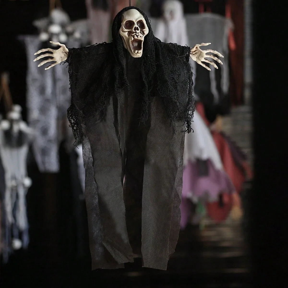 Halloween Hanging Skeleton Ghost Decor Black White Gauze Skull Ghost Ornaments Haunted House Yard Door Window Horror Party Props