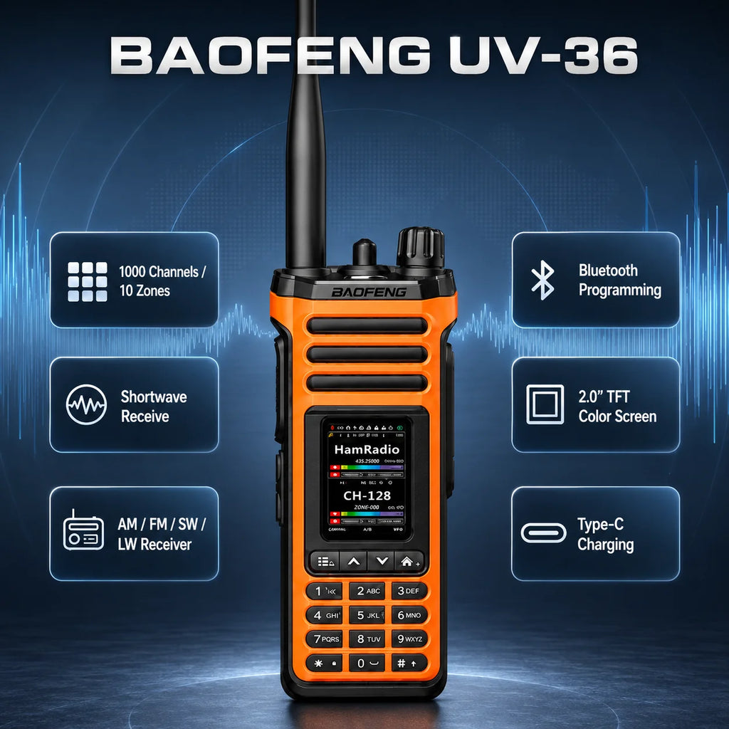 BAOFENG UV-36 PRO Ham Radio 1000CH Bluetooth Shortwave Receiver 2.0'' TFT Dual Band Air Band NOAA Walkie Talkie Type-C