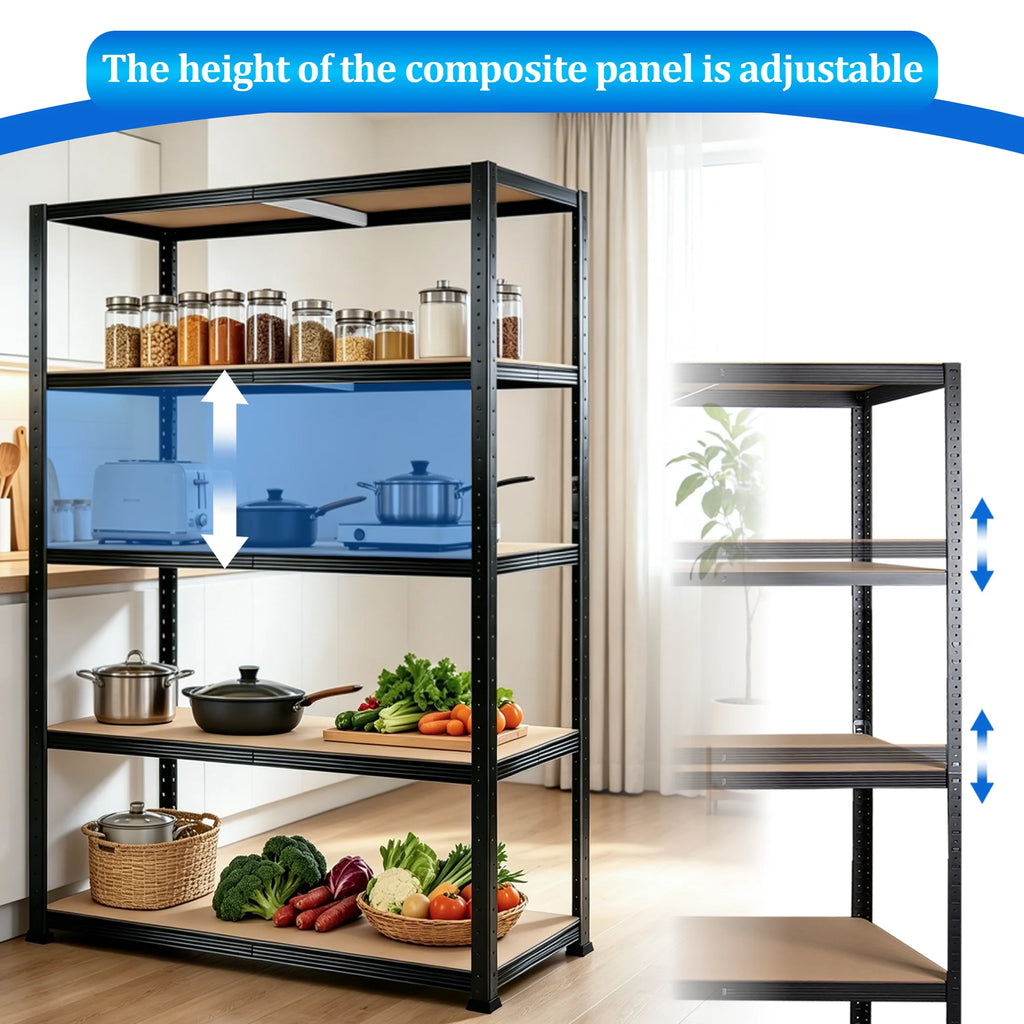 5-Tier Heavy Duty Metal Shelving Unit, 500kg Load Capacity Boltless Design, Freely Split Structure, Adjustable MDF Layer Height, Large Size Multipurpose Storage Rack Ideal for Warehouse Garage Kitchen Bedroom Office Basement