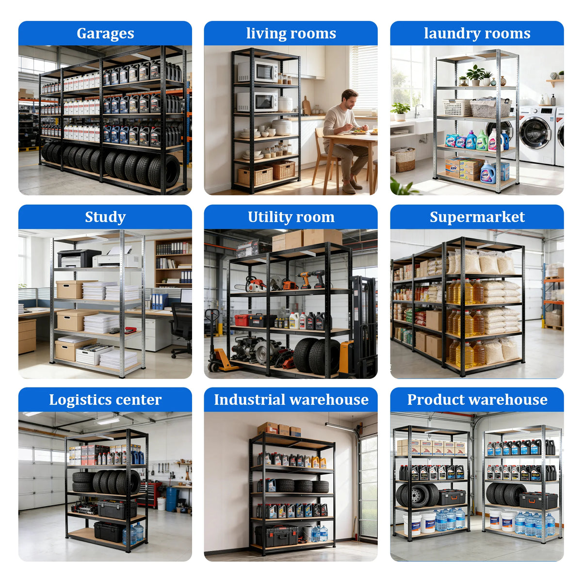 5-Tier Heavy Duty Metal Shelving Unit, 500kg Load Capacity Boltless Design, Freely Split Structure, Adjustable MDF Layer Height, Large Size Multipurpose Storage Rack Ideal for Warehouse Garage Kitchen Bedroom Office Basement