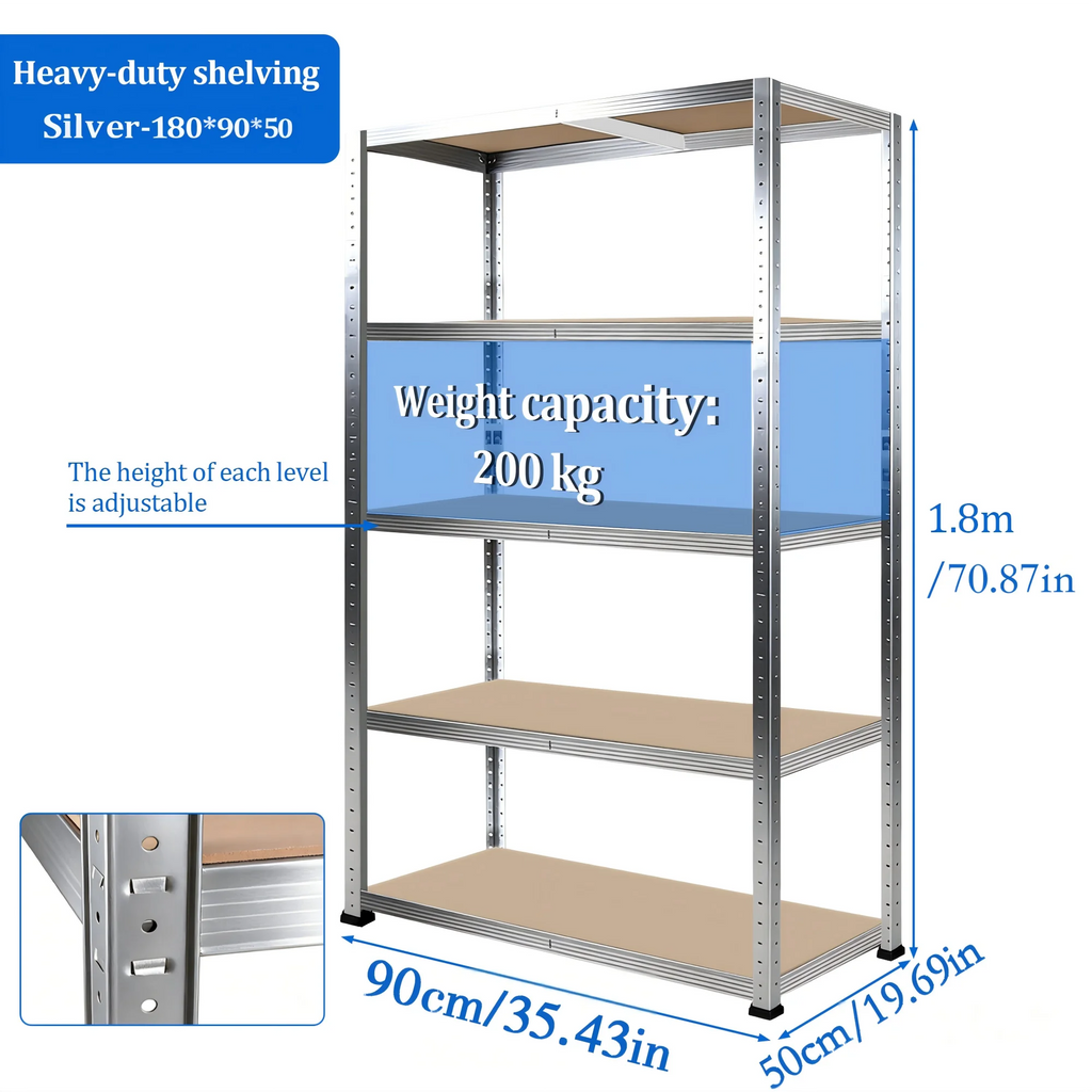 5-Tier Heavy Duty Metal Shelving Unit, 500kg Load Capacity Boltless Design, Freely Split Structure, Adjustable MDF Layer Height, Large Size Multipurpose Storage Rack Ideal for Warehouse Garage Kitchen Bedroom Office Basement