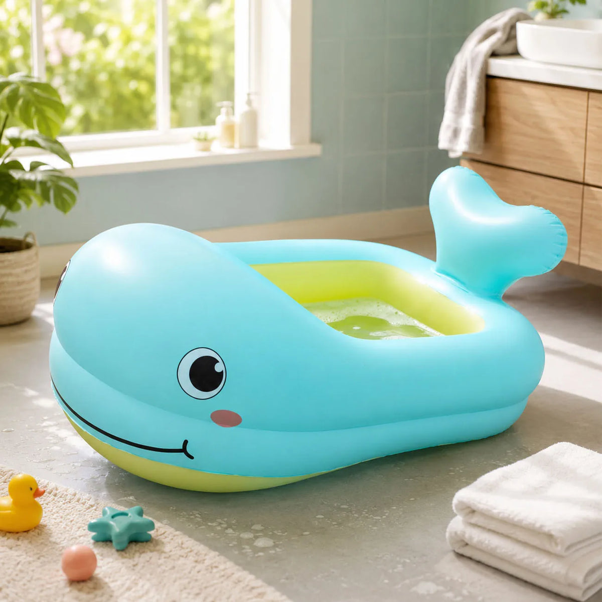 1PC Duck Inflatable Baby Bathtub,Foldable Non-Slip Shower Basin Mini Air Swimming Pool, Classic Yellow Ducky