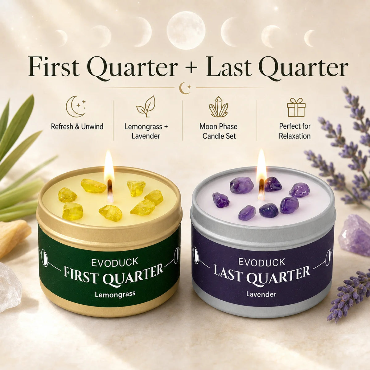 Waning Moon Scented Candle Soy Wax Lavender Scented Candles Silver Tin with Purple Crystal Chips Bestfriend Gifts Gift for Woman