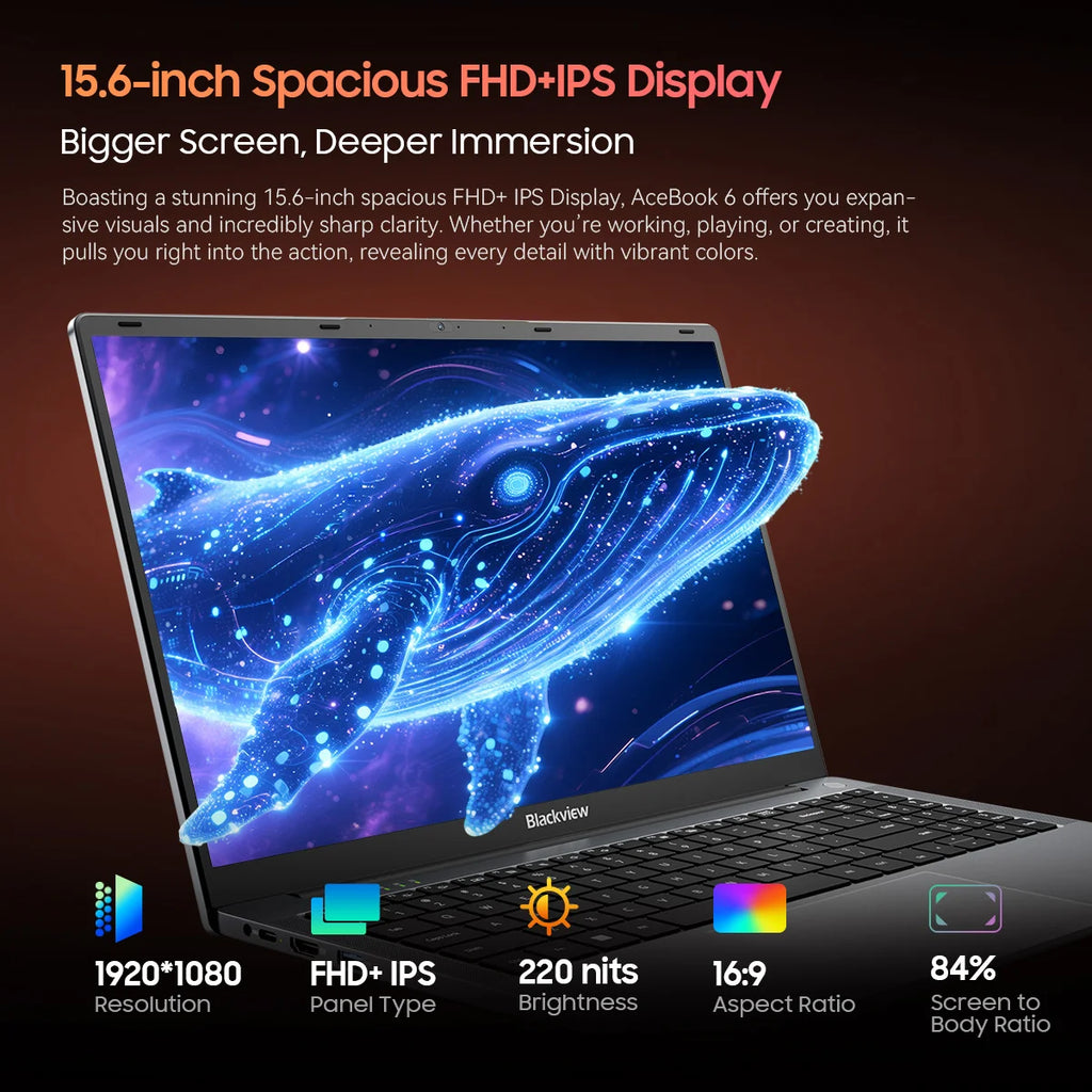 Blackview Acebook 6 Laptop Computer, 15.6” Fhd Ips Tüv Screen Quad-Core N150,16Gb Ddr4 256Gb Ssd,Desktop Notebook