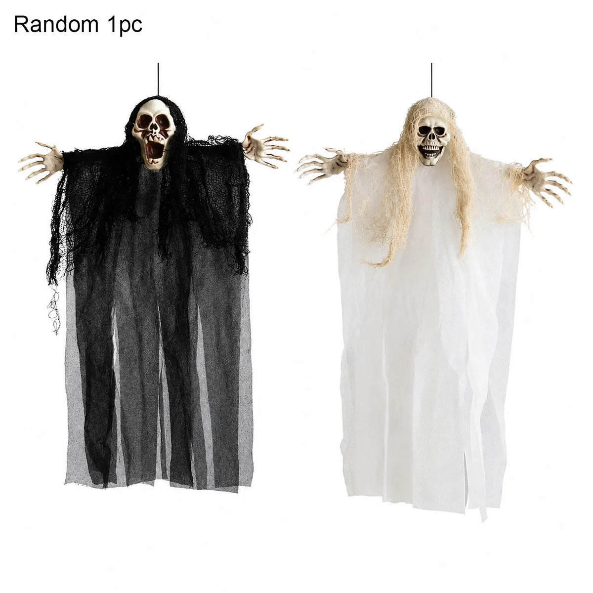 Halloween Hanging Skeleton Ghost Decor Black White Gauze Skull Ghost Ornaments Haunted House Yard Door Window Horror Party Props