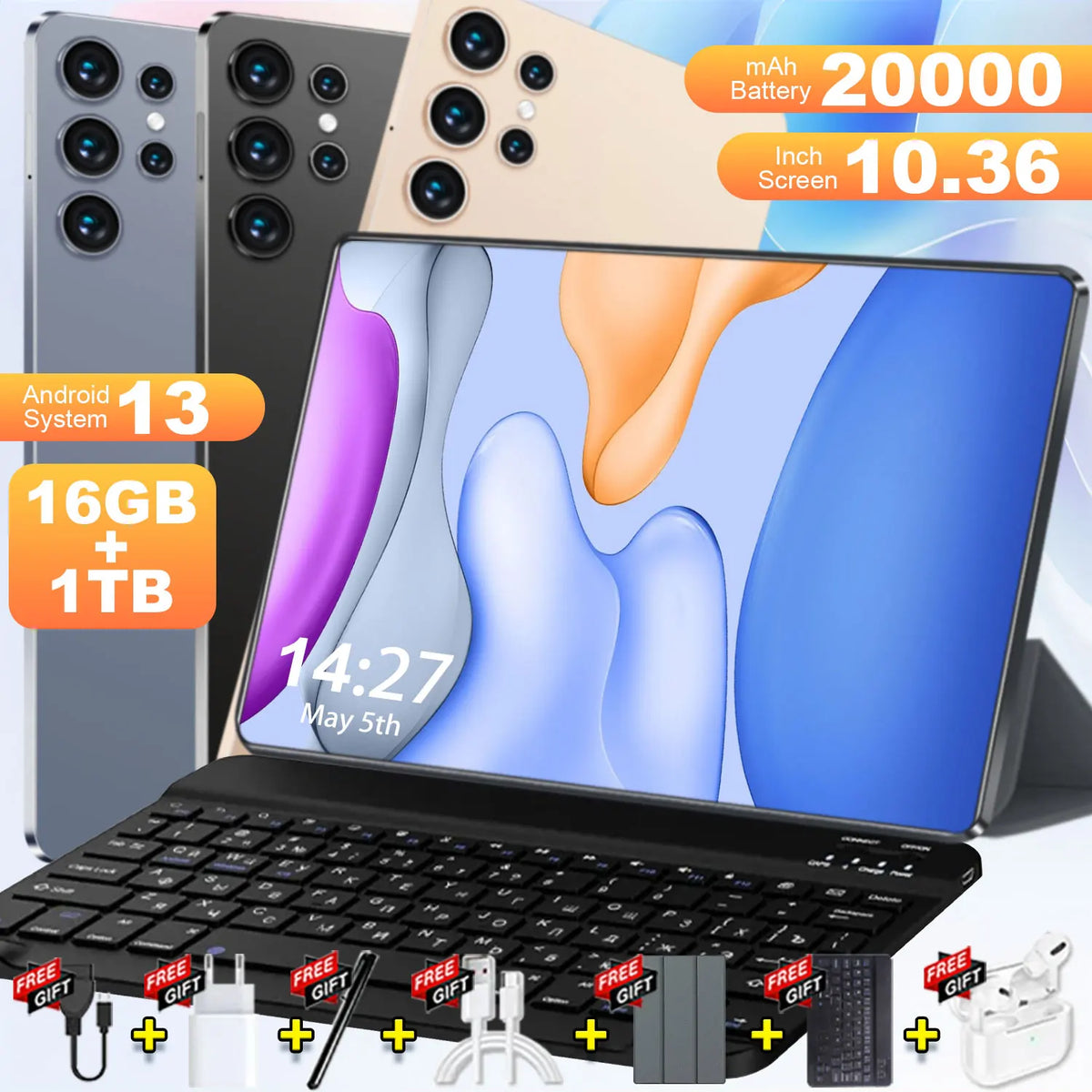 Tablet Android 16GB RAM 1TB ROM 10.36 pollici 14 Core con Funzione Chiamata Android 13 20000mAh Bluetooth Studio Gaming Ufficio Dual SIM 5G WIFI Bluetooth GPS WPS
