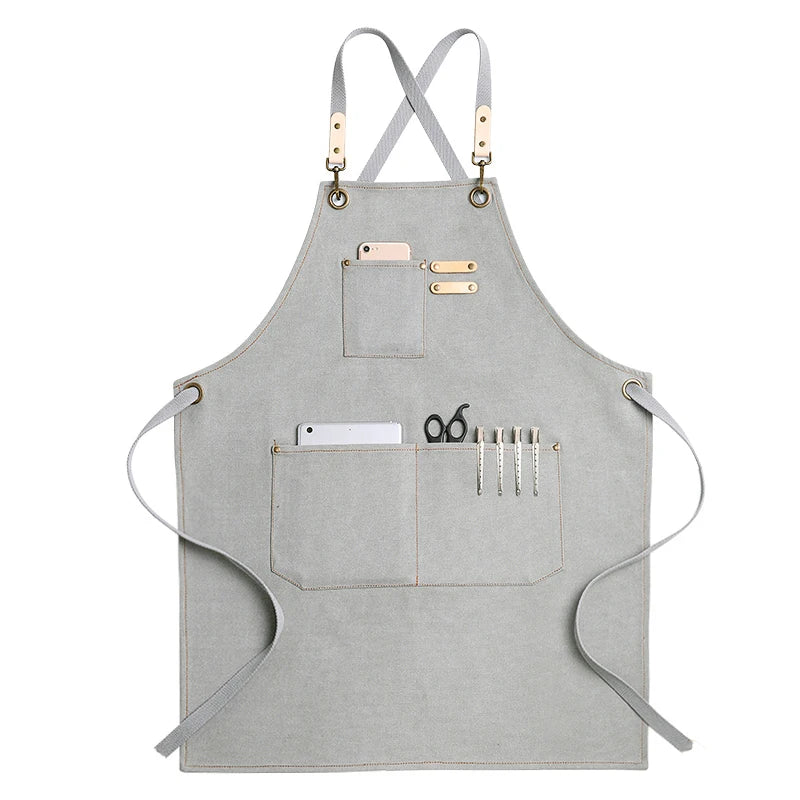 Grembiule da cucina in tela resistente, grembiule da lavoro da barbiere, unisex, con cinghie incrociate regolabili, grembiule con pettorina in ecopelle per parrucchiere da uomo