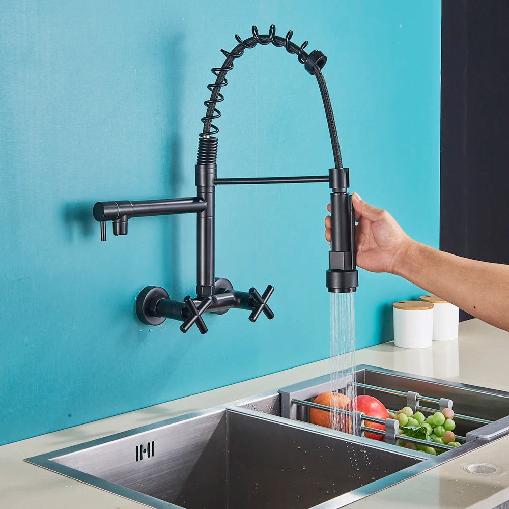 Matte Black Wall Mounted Kitchen Faucet Hot Cold Water Mixer Tap For Kitchen Pull Down Spray 360 Rotation Kitchen Mixer Taps