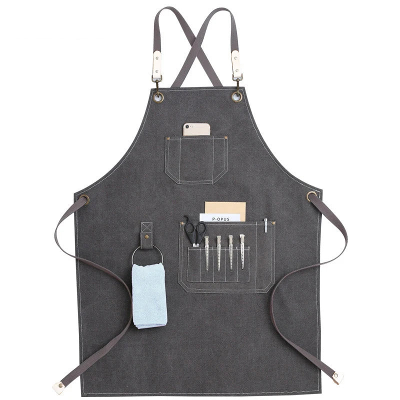 Grembiule da cucina in tela resistente, grembiule da lavoro da barbiere, unisex, con cinghie incrociate regolabili, grembiule con pettorina in ecopelle per parrucchiere da uomo