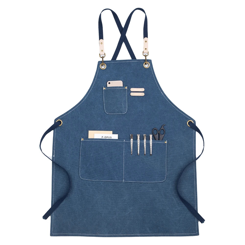 Grembiule da cucina in tela resistente, grembiule da lavoro da barbiere, unisex, con cinghie incrociate regolabili, grembiule con pettorina in ecopelle per parrucchiere da uomo