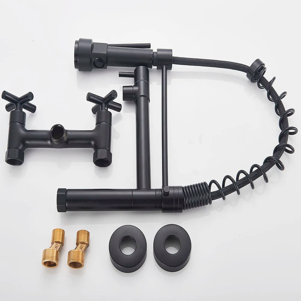 Matte Black Wall Mounted Kitchen Faucet Hot Cold Water Mixer Tap For Kitchen Pull Down Spray 360 Rotation Kitchen Mixer Taps