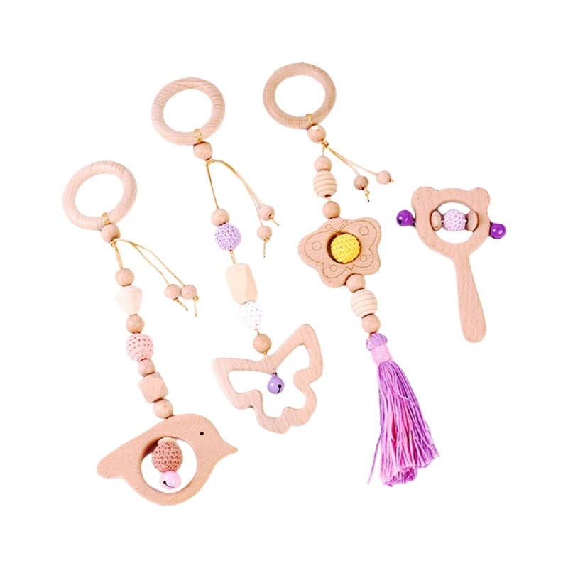 4 Pcs Beech Wood Baby Play Gym Frame Newborn Activity Fitness Rack Hanging Pendants Toys Crochet Rattle Teether Kids Room Decor