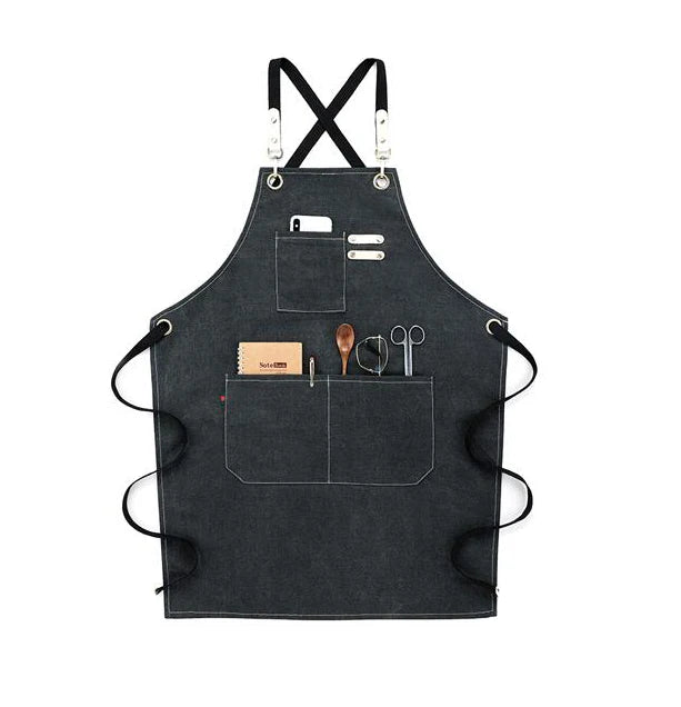 Grembiule da cucina in tela resistente, grembiule da lavoro da barbiere, unisex, con cinghie incrociate regolabili, grembiule con pettorina in ecopelle per parrucchiere da uomo