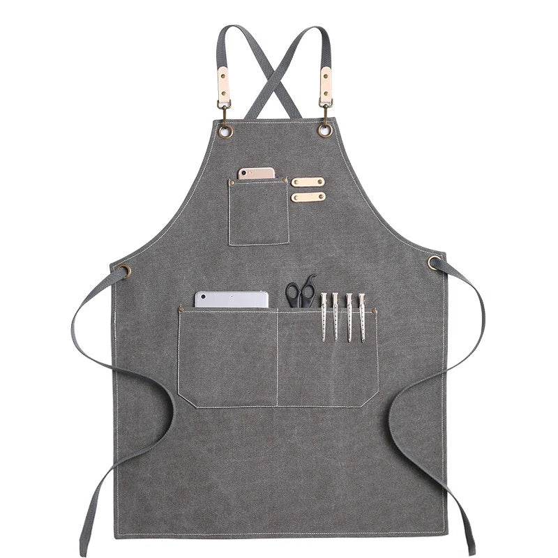 Grembiule da cucina in tela resistente, grembiule da lavoro da barbiere, unisex, con cinghie incrociate regolabili, grembiule con pettorina in ecopelle per parrucchiere da uomo