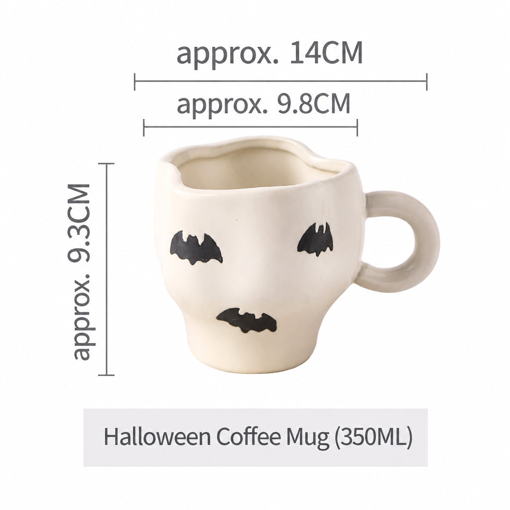 Creative Halloween-Themed Ceramic Cup and Saucer, Irregular Personalized Coffee Cup and Saucer with Pumpkin and Bat Patterns