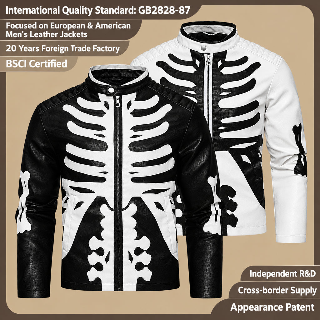 Spring Autumn Winter Men's Leather Coat Halloween Human Bone Row Pu Leather Jacket Skull Party Performance Costume Trendy Men's Jacket