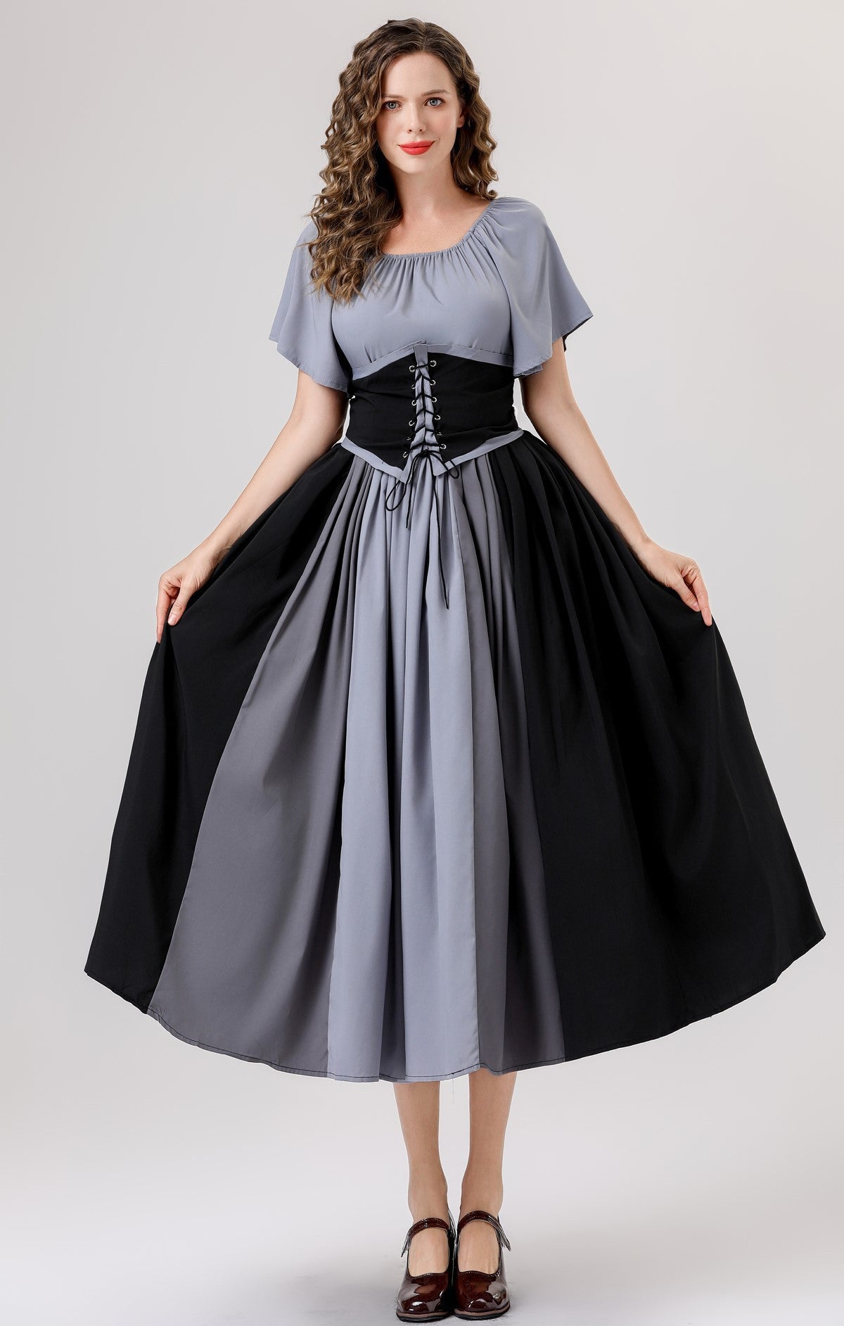 European and American New Arrivals: Medieval Retro Color-Blocking Dress with Flutter Sleeves, Tie-Waist, and Large Hem, Suitable for Masquerade Ball Performance