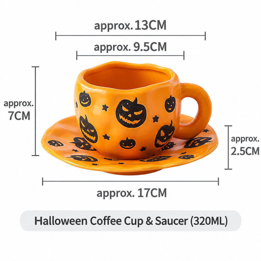 Creative Halloween-Themed Ceramic Cup and Saucer, Irregular Personalized Coffee Cup and Saucer with Pumpkin and Bat Patterns