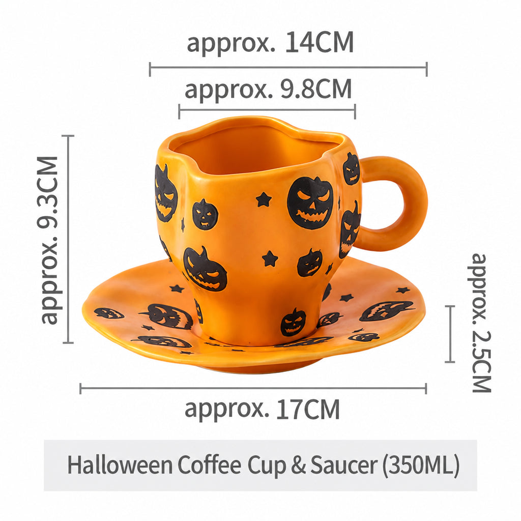 Creative Halloween-Themed Ceramic Cup and Saucer, Irregular Personalized Coffee Cup and Saucer with Pumpkin and Bat Patterns