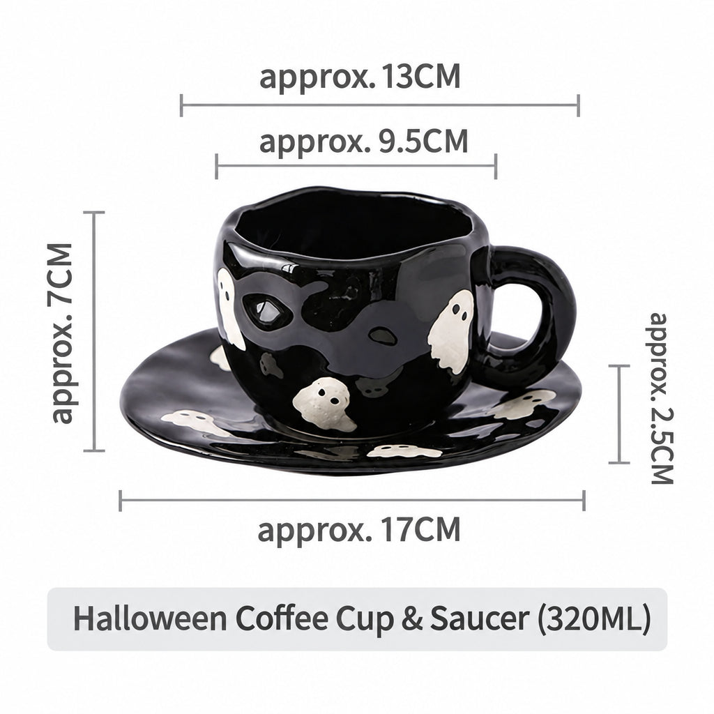 Creative Halloween-Themed Ceramic Cup and Saucer, Irregular Personalized Coffee Cup and Saucer with Pumpkin and Bat Patterns