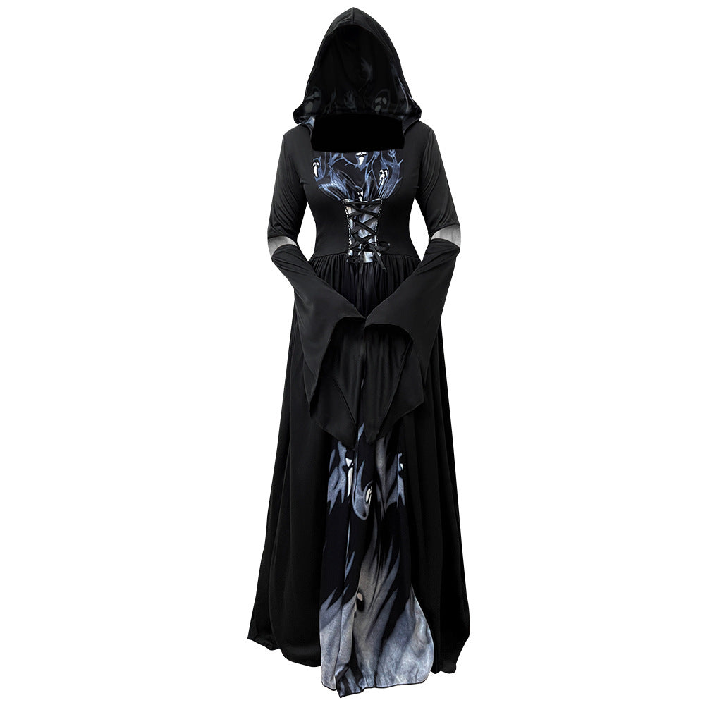 New Halloween Witch Dress Hooded Skeleton Witch Magician Cosplay Stage Performance Costume