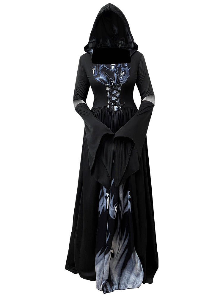 New Halloween Witch Dress Hooded Skeleton Witch Magician Cosplay Stage Performance Costume