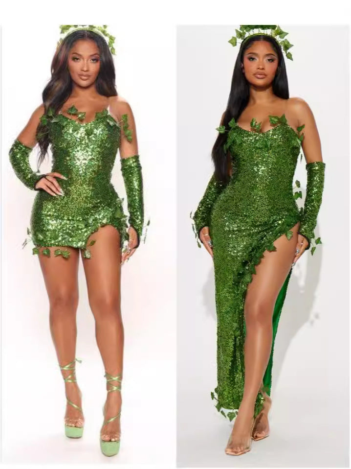 European and American Costume Adult Leaf Sequins Halloween Playing Costume Sexy Dance Dress Costume dress