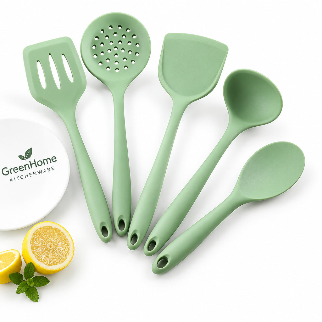 Acura Green Silicone Kitchenware Non-stick Cookware with Spade and Spoon Set Easy to Clean Kitchen Silicone Heat-resistant Kitchenware Five-piece Set
