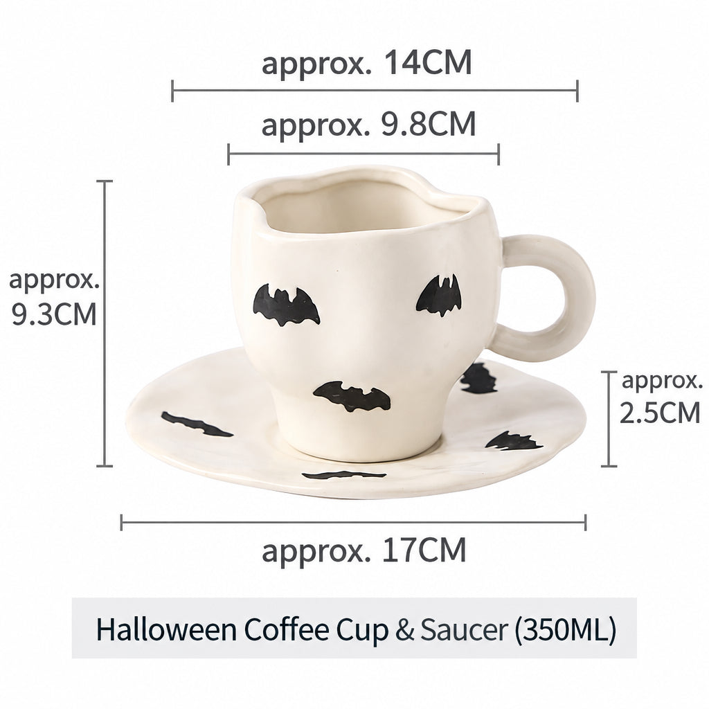 Creative Halloween-Themed Ceramic Cup and Saucer, Irregular Personalized Coffee Cup and Saucer with Pumpkin and Bat Patterns
