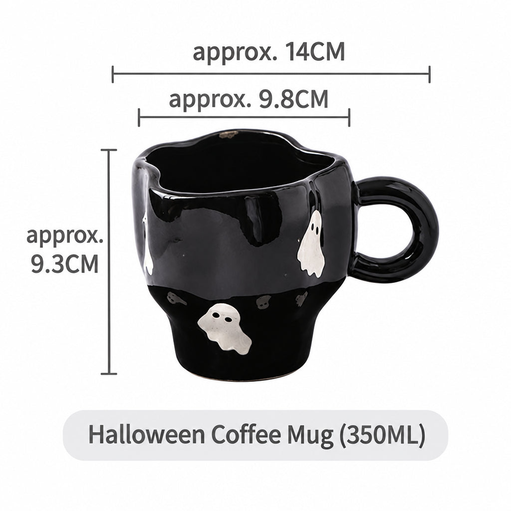 Creative Halloween-Themed Ceramic Cup and Saucer, Irregular Personalized Coffee Cup and Saucer with Pumpkin and Bat Patterns