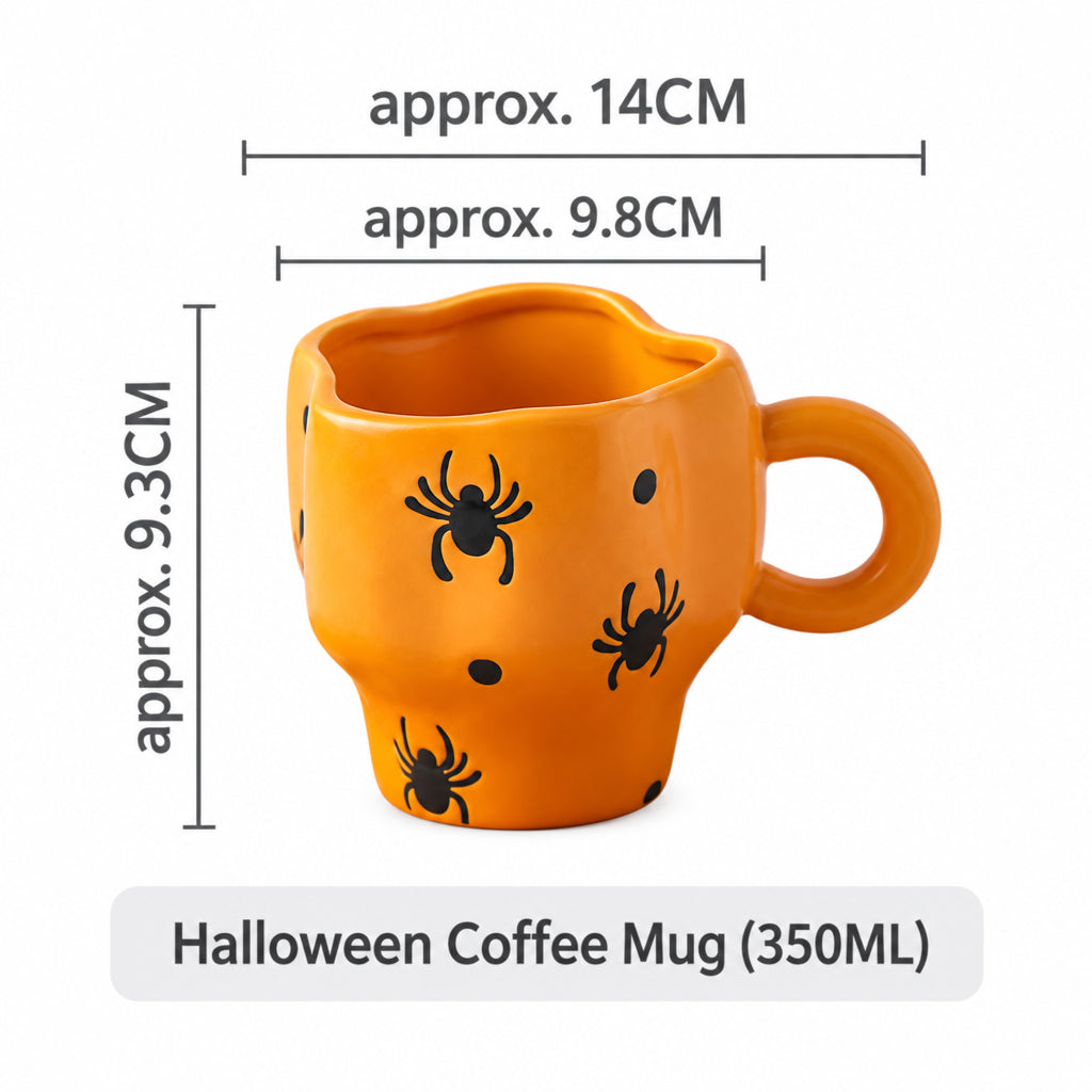 Creative Halloween-Themed Ceramic Cup and Saucer, Irregular Personalized Coffee Cup and Saucer with Pumpkin and Bat Patterns