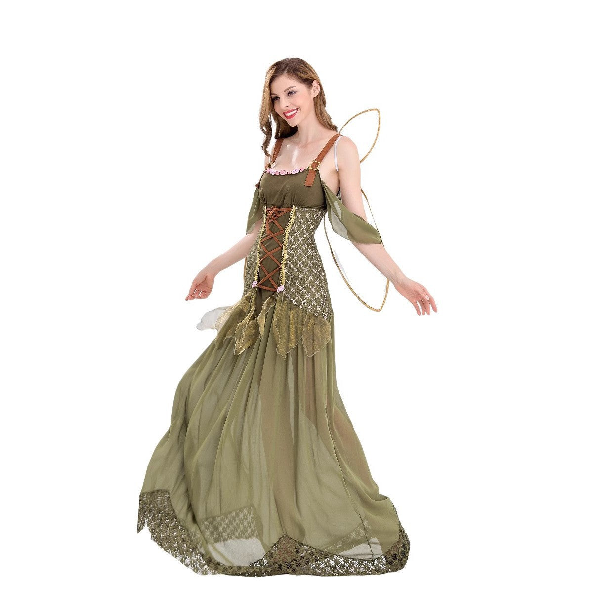 Halloween New Costume Forest Green Elf Flower Fairy Princess Angel Long Dress Ds Performance Costume