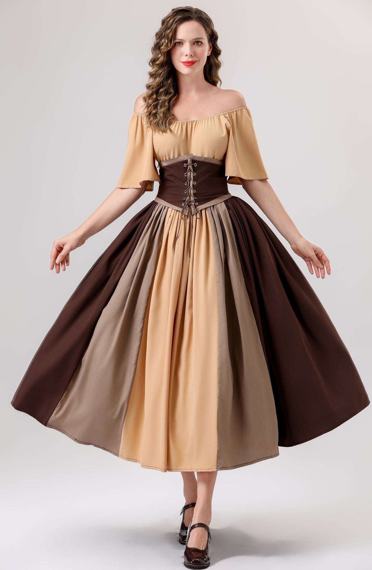 European and American New Arrivals: Medieval Retro Color-Blocking Dress with Flutter Sleeves, Tie-Waist, and Large Hem, Suitable for Masquerade Ball Performance