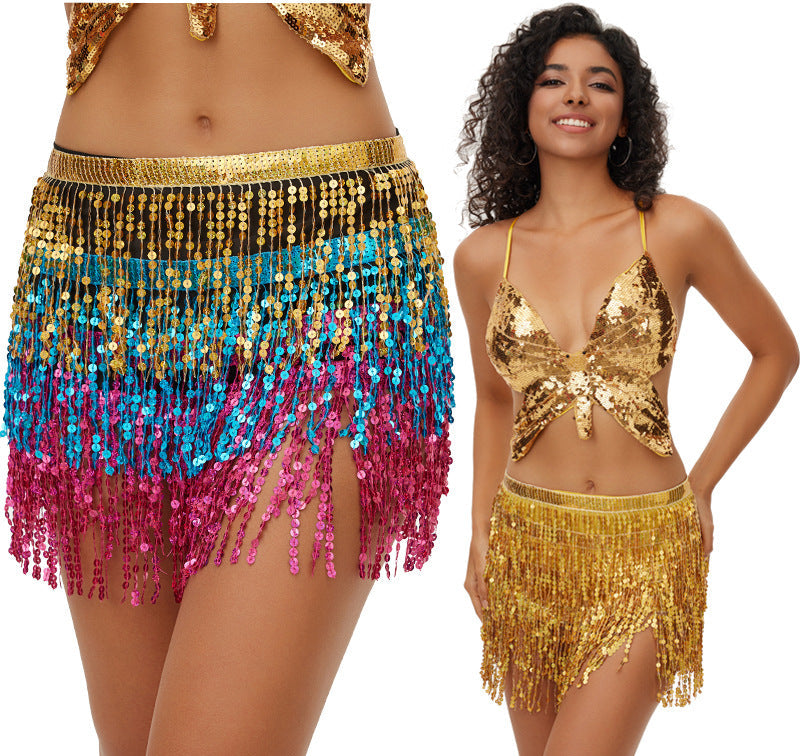 Halloween New Belly Dance Beads Waist Chain 4 Layer Beads Sequins Dance Performance Hip Towel Tassel Waist Seal Belt