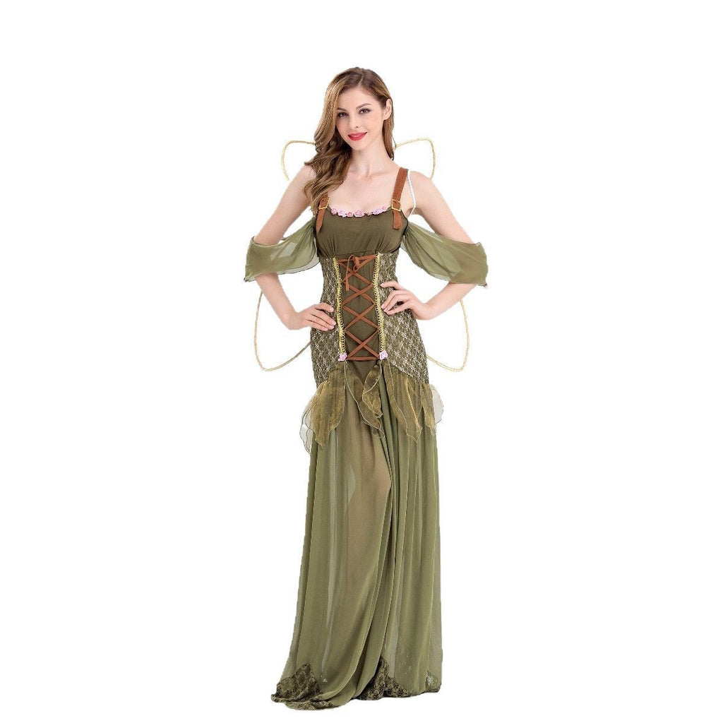 Halloween New Costume Forest Green Elf Flower Fairy Princess Angel Long Dress Ds Performance Costume