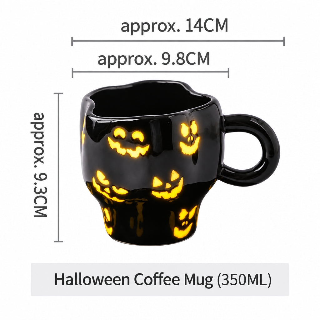 Creative Halloween-Themed Ceramic Cup and Saucer, Irregular Personalized Coffee Cup and Saucer with Pumpkin and Bat Patterns