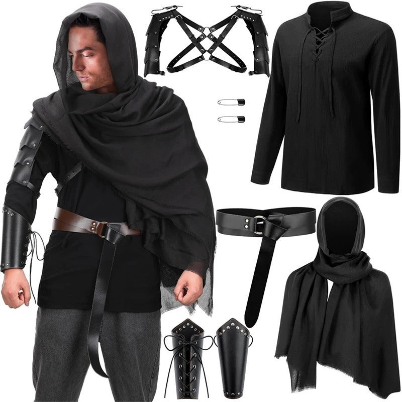 6Pcs Halloween Men Renaissance Costume Set Medieval Pirate Shirt Ankle Strap Pants