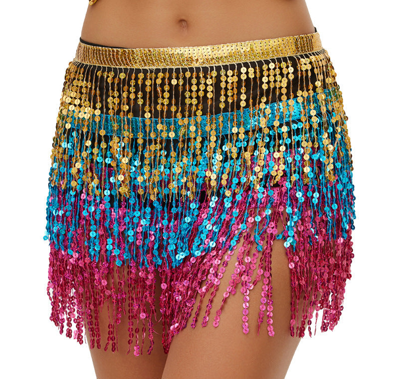 Halloween New Belly Dance Beads Waist Chain 4 Layer Beads Sequins Dance Performance Hip Towel Tassel Waist Seal Belt