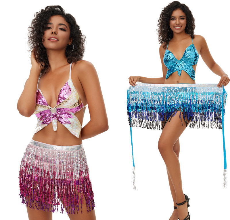 Halloween New Belly Dance Beads Waist Chain 4 Layer Beads Sequins Dance Performance Hip Towel Tassel Waist Seal Belt