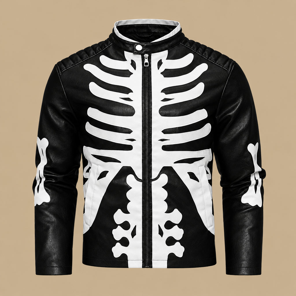 Spring Autumn Winter Men's Leather Coat Halloween Human Bone Row Pu Leather Jacket Skull Party Performance Costume Trendy Men's Jacket
