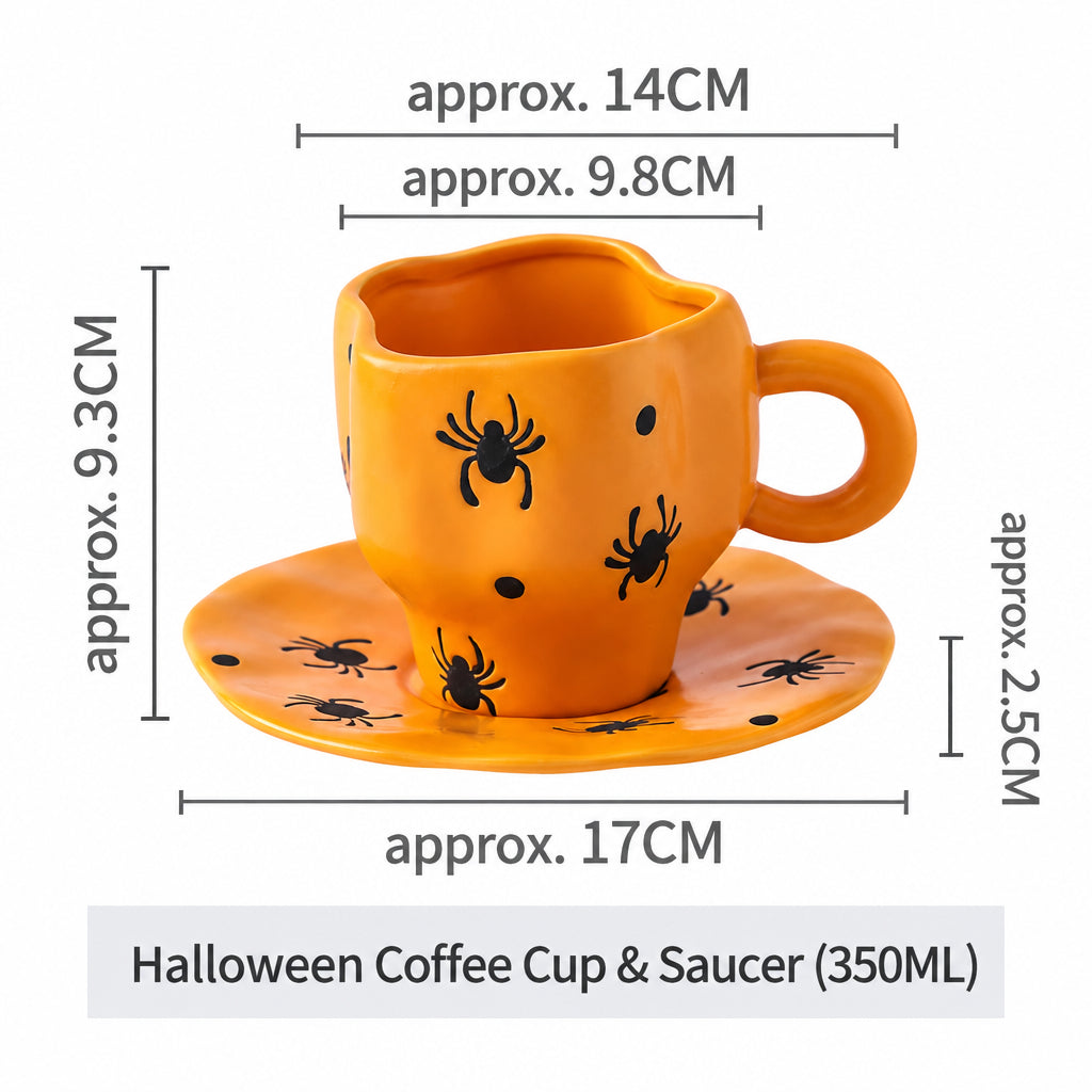 Creative Halloween-Themed Ceramic Cup and Saucer, Irregular Personalized Coffee Cup and Saucer with Pumpkin and Bat Patterns