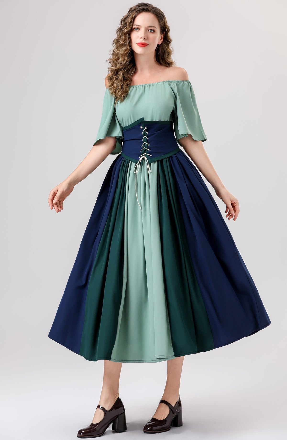 European and American New Arrivals: Medieval Retro Color-Blocking Dress with Flutter Sleeves, Tie-Waist, and Large Hem, Suitable for Masquerade Ball Performance